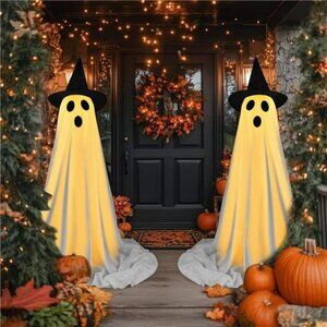 Halloween Decorations Outdoor Indoor, 2 Pack Spooky Ghost with Witch Hat, Scary
